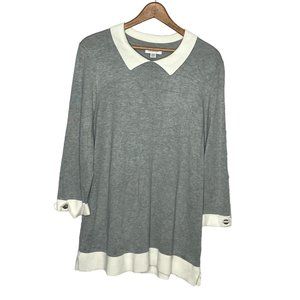 Calvin Klein Size Large L Gray White Collared‎ Stretch Knit Pullover Sweater